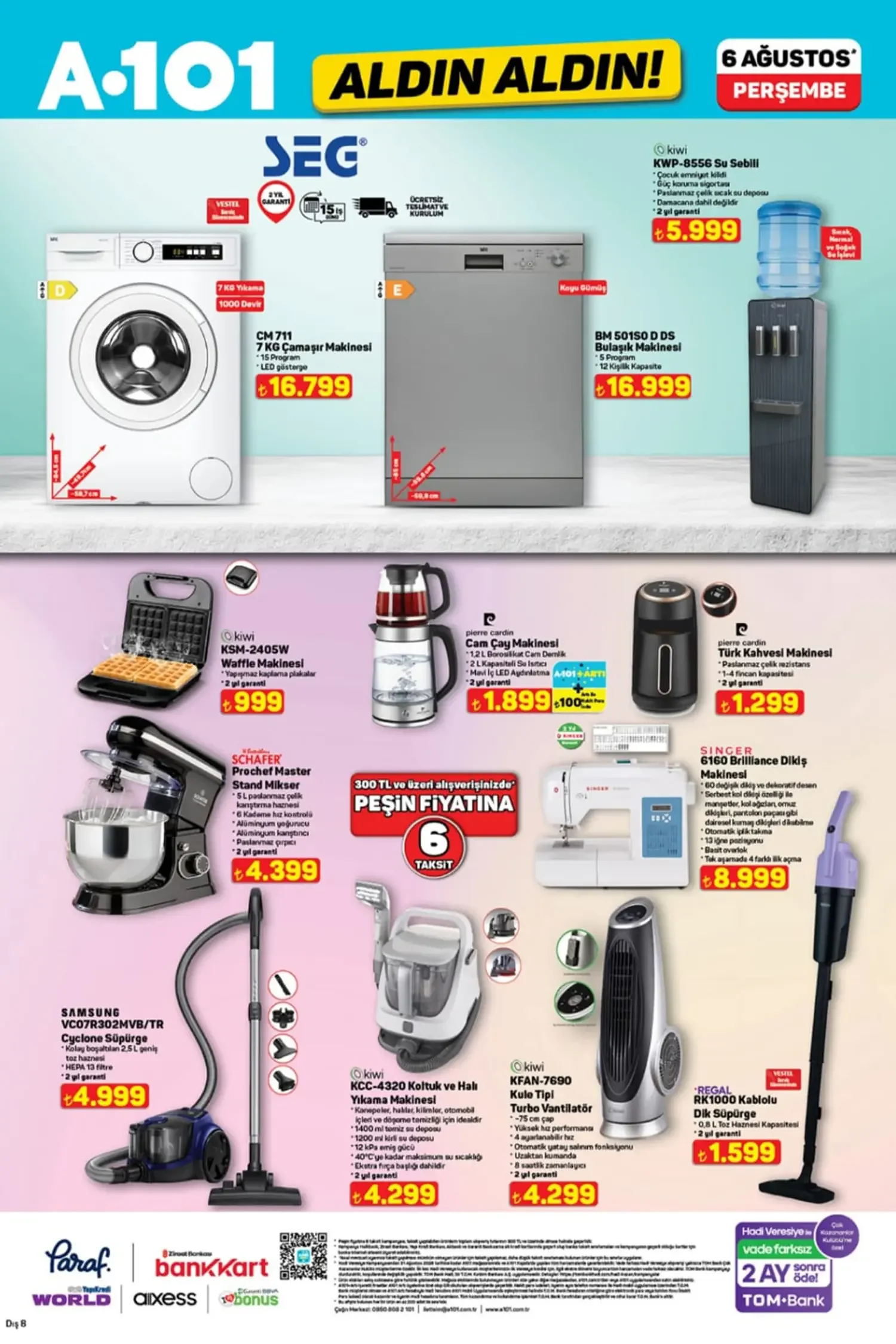 A101 6 Ağustos SEG 7 KG Çamaşır Makinesi ve Prochef Stand Mikser Kampanyası
