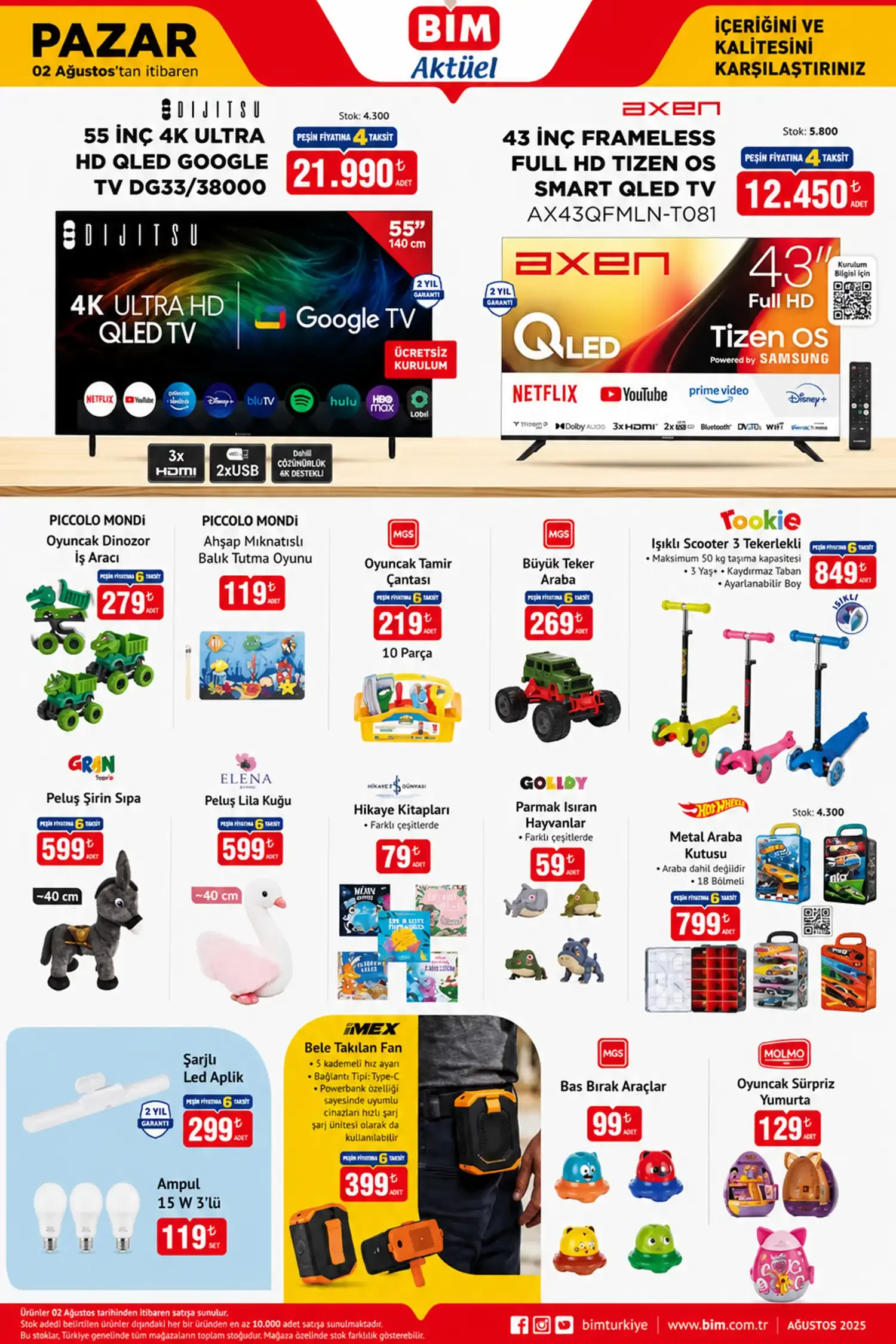 BİM 2 Ağustos Pazar 2026 Aktüel Kataloğu: Dijitsu 55 İnç 4K QLED Google TV, Axen 43 İnç QLED Tizen TV ve Çocuk Oyuncakları