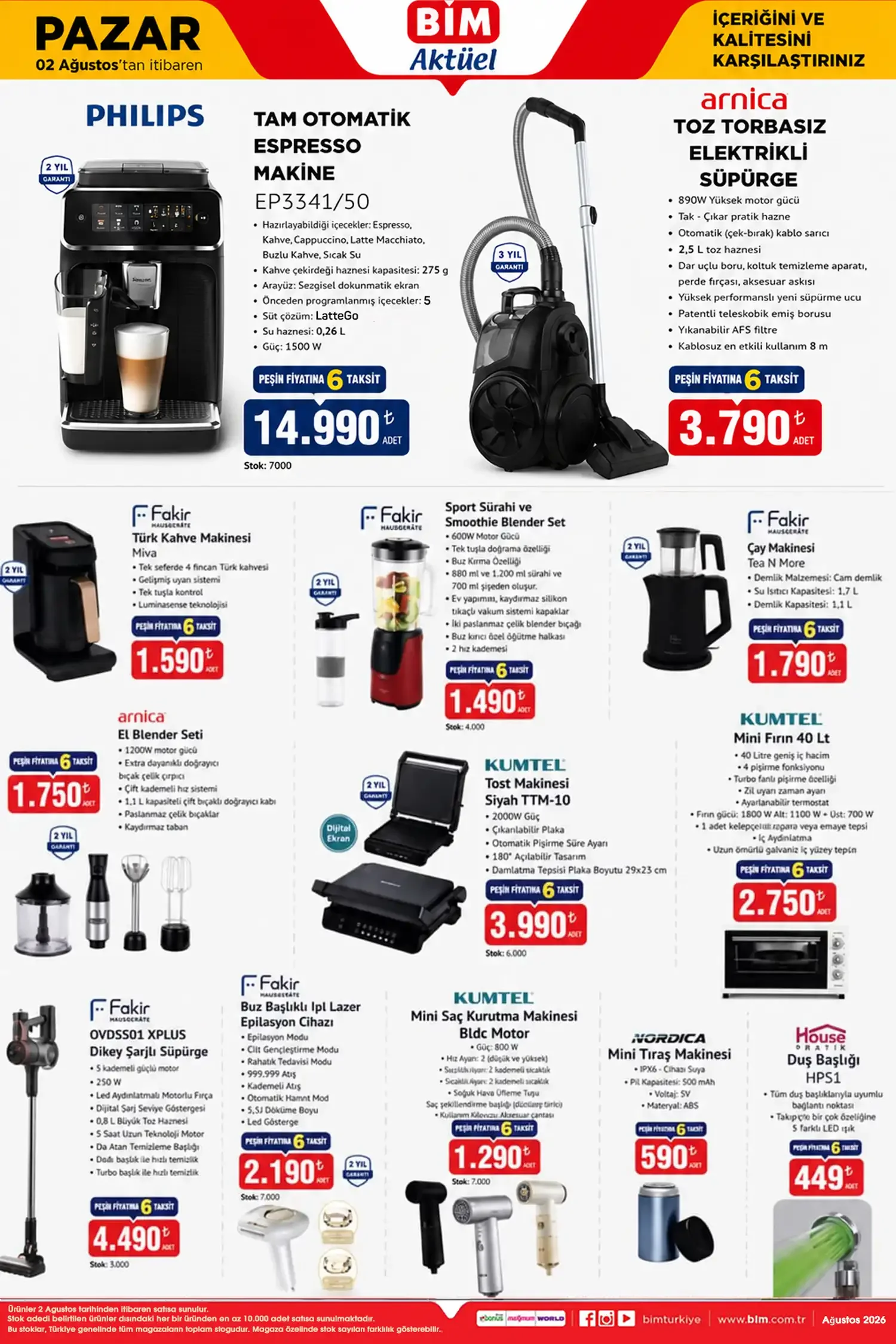 BİM 2 Ağustos Pazar 2026 Aktüel Kataloğu: Philips Tam Otomatik Espresso Makinesi, Arnica Toz Torbasız Süpürge, Fakir IPL Lazer Epilasyon ve Küçük Ev Aletleri