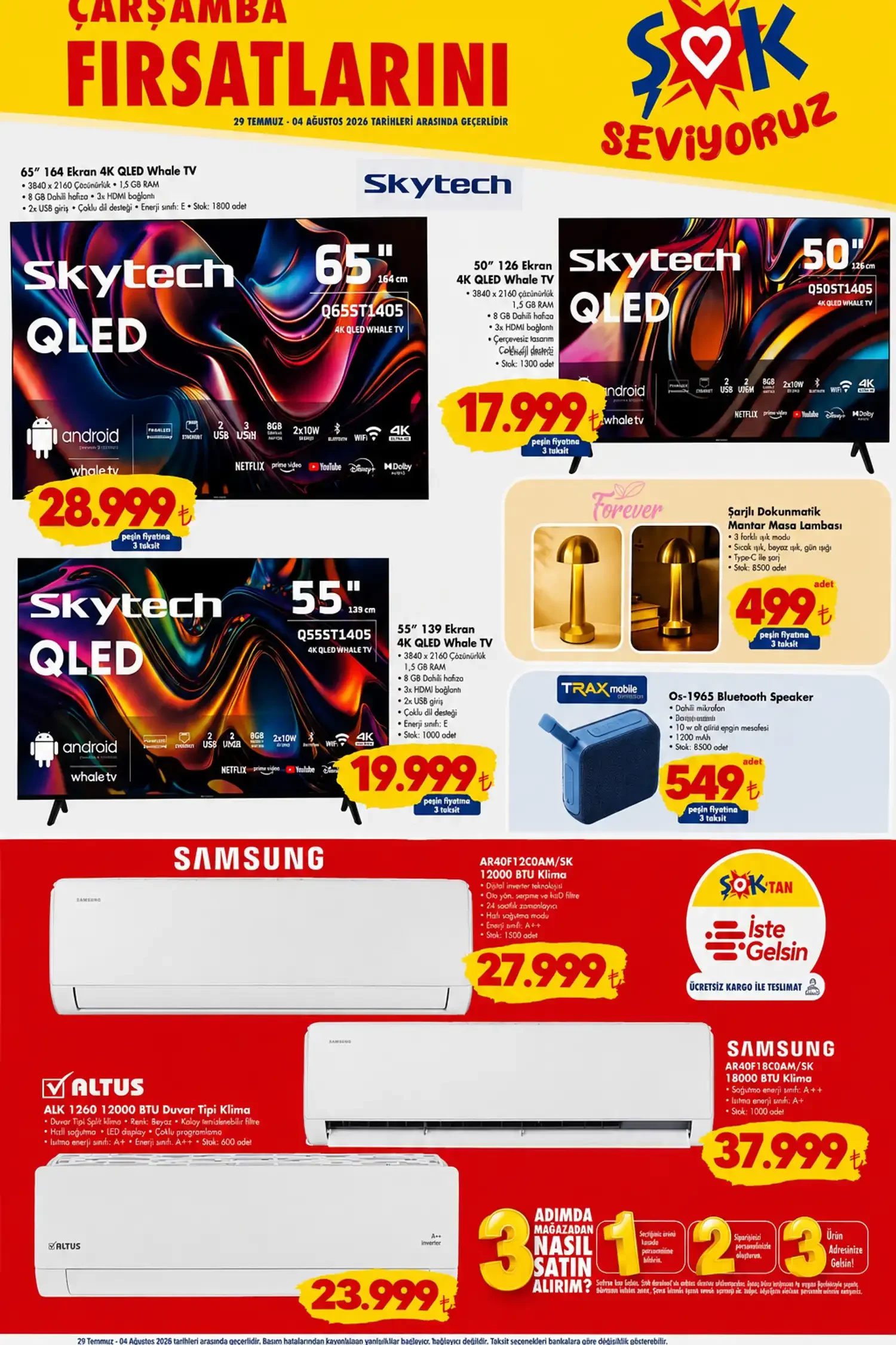 ŞOK 29 Temmuz 2026 Skytech QLED TV ve Samsung Klima Kampanyaları