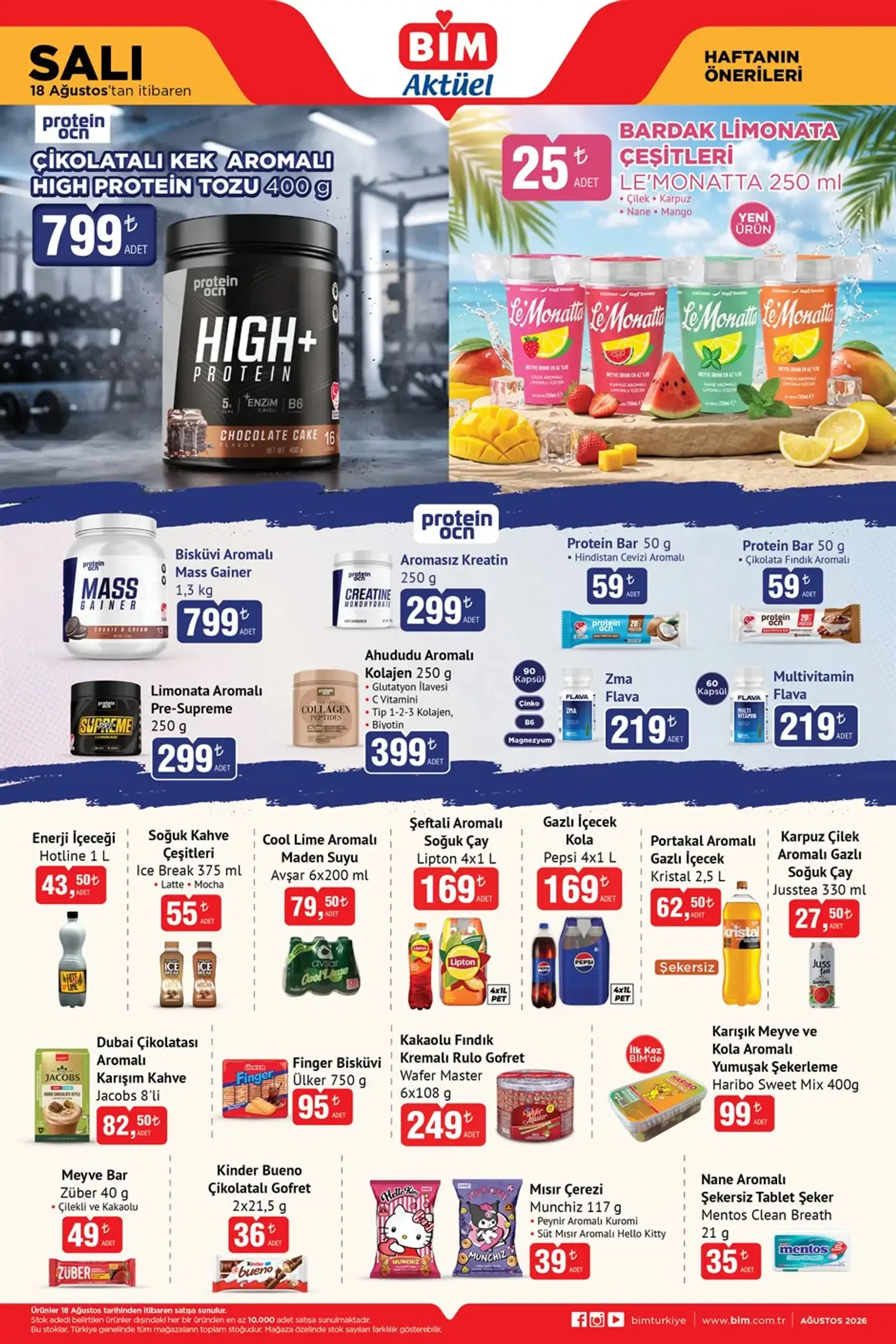 BİM 18 Ağustos Salı Sağlık ve İçecek Fırsatları: High+ Protein Tozu ve Serinletici Le'Monatta Limonatalar
