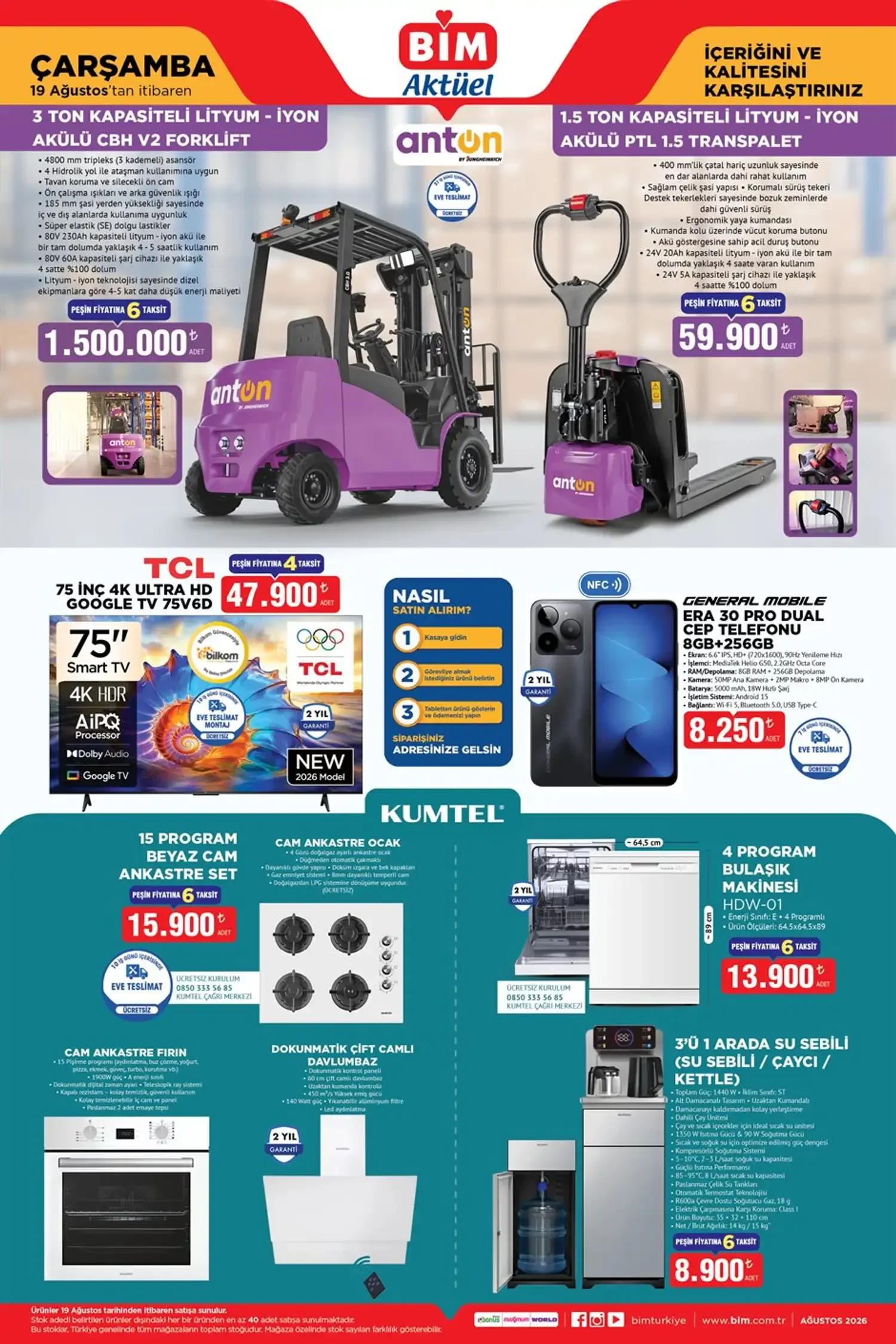 BİM 19 Ağustos Çarşamba Elektronik ve Beyaz Eşya Kataloğu: TCL 75 İnç TV, GM 30 Pro Telefon, Kumtel Ankastre Set