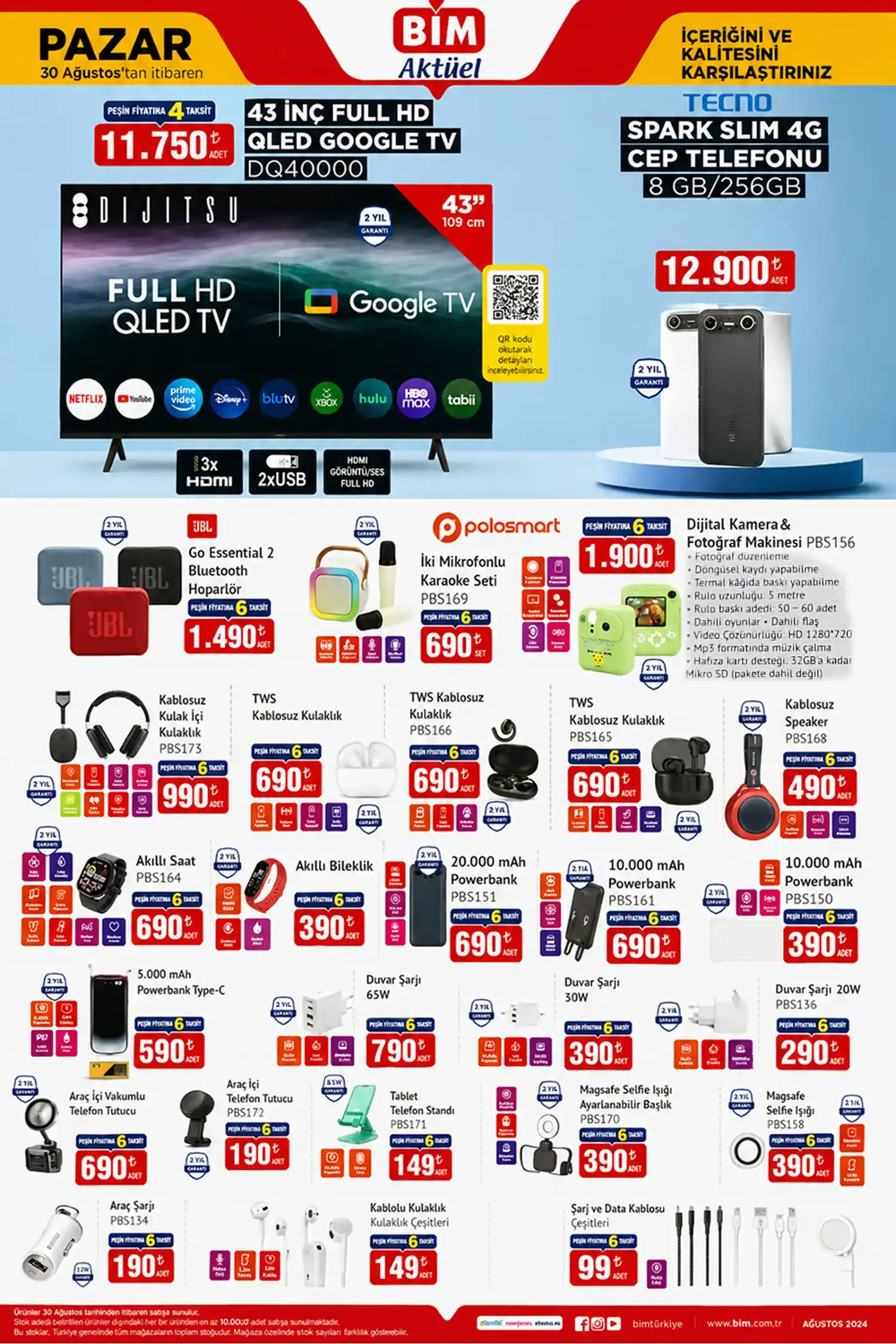 BİM 30 Ağustos Pazar 2026 Dijitsu 43 İnç QLED TV ve Tecno Spark Slim Telefon Aktüel Ürünleri